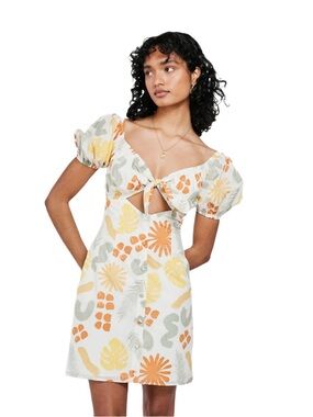 SABO Tropical Print Puff Sleeve Mini Dress Size M 100% Cotton